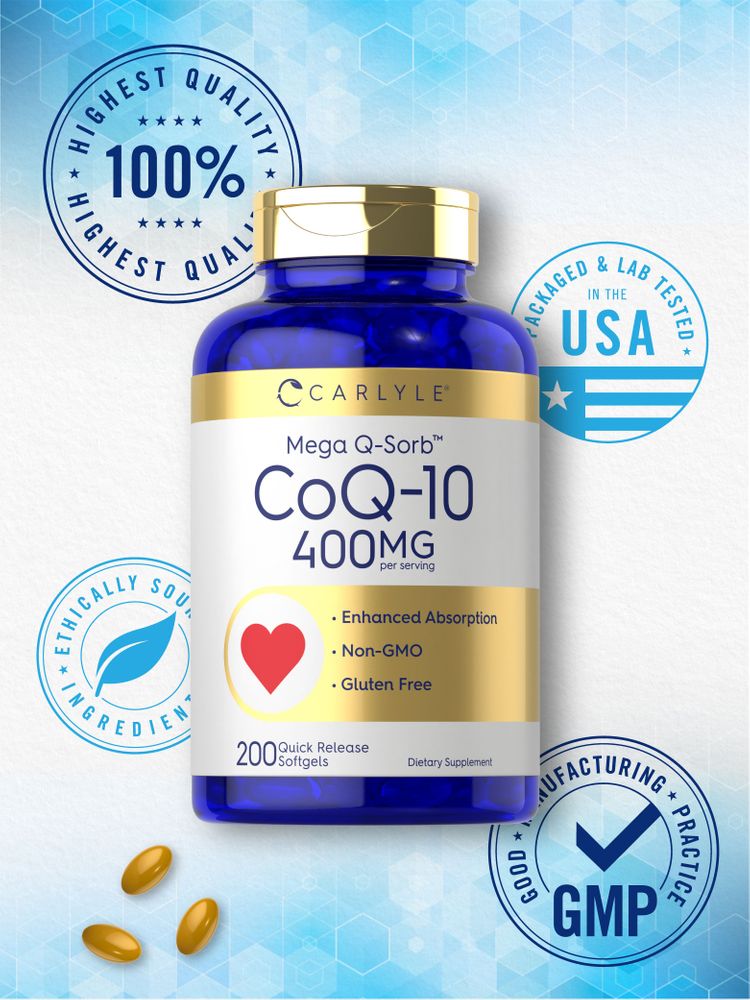 A hand holds golden oval 200 mg Quick Release Softgels.