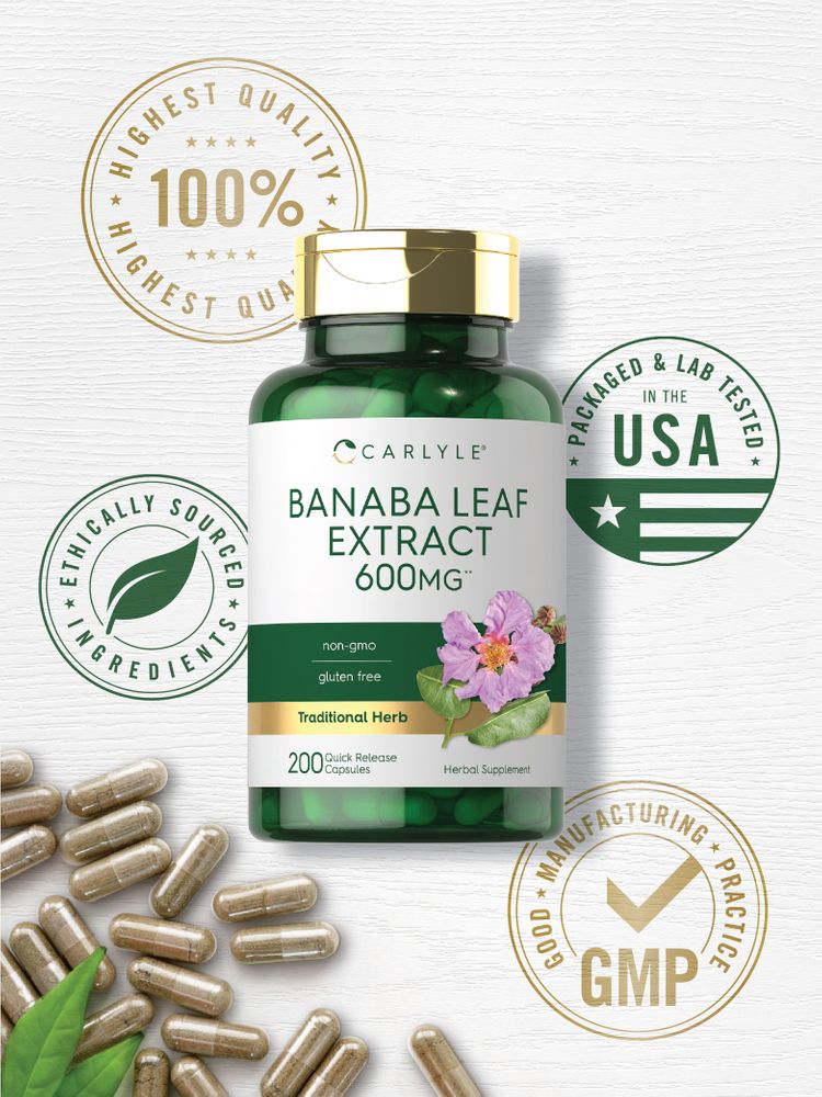 A collection of Carlyle Banaba Leaf Extract 600 mg Quick Release Capsules on display.