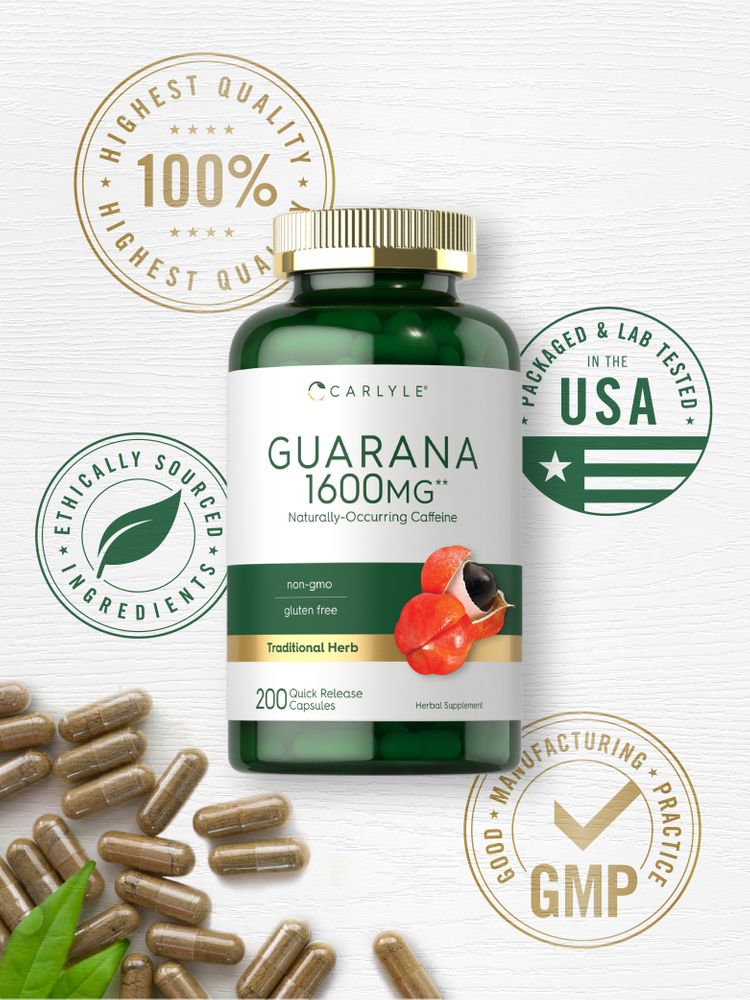 Pack of 200 brown Quick Release Capsules from Carlyle Guarana, each providing 1600 mg of Guarana for increased energy and focus.