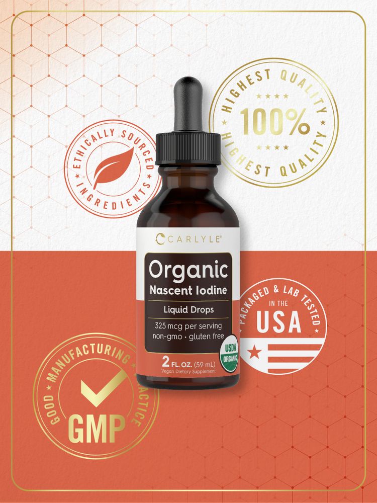 A hand holds a 2 fl. oz. (59 mL) bottle of organic Nascent Iodine liquid drops.
