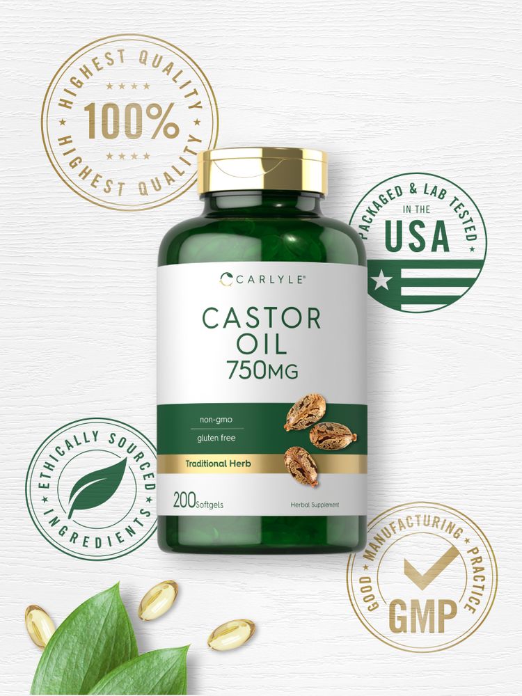 A bottle of Castor Oil 750 mg containing 200 softgels along with loose softgels shown beside it.