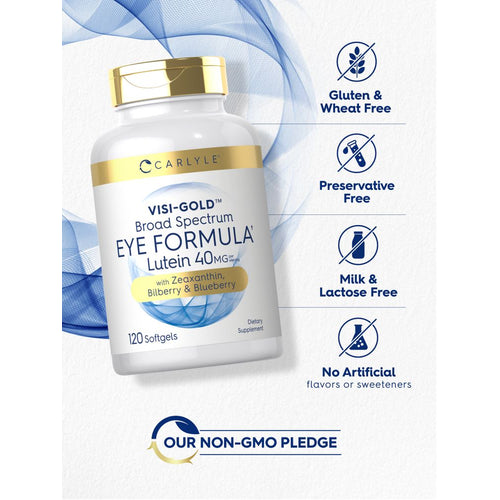 View 5 Eye Formula bottle with labels: Gluten & Wheat Free, Preservative Free, Milk & Lactose Free, No Artificial flavors/sweeteners, Non-GMO.