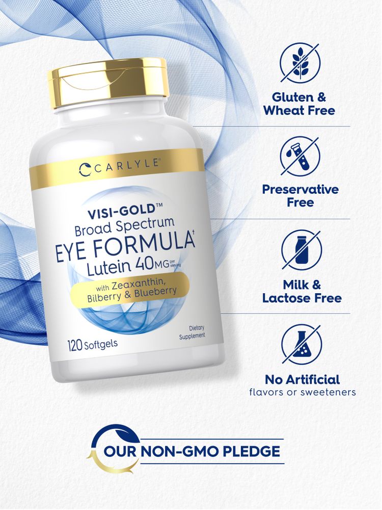 Eye Formula bottle with labels: Gluten & Wheat Free, Preservative Free, Milk & Lactose Free, No Artificial flavors/sweeteners, Non-GMO.