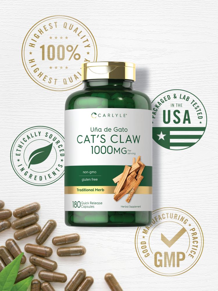 Brown Quick Release Capsules of Carlyle Cat's Claw 1000mg, 180 count, beside pieces of cat's claw bark.