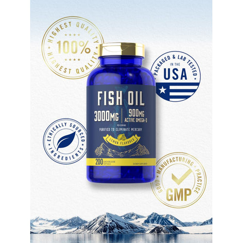 View 5 Fish Oil 3000mg, 200 quick release softgels shown on a hand-held scale.