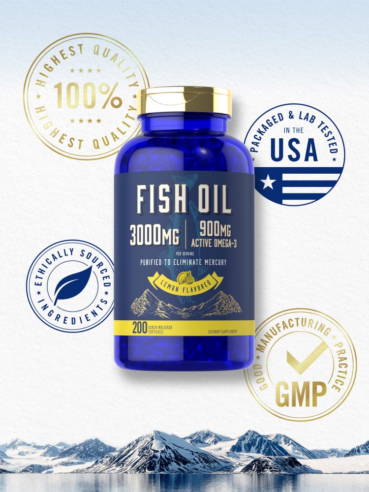 Fish Oil 3000mg, 200 quick release softgels shown on a hand-held scale.