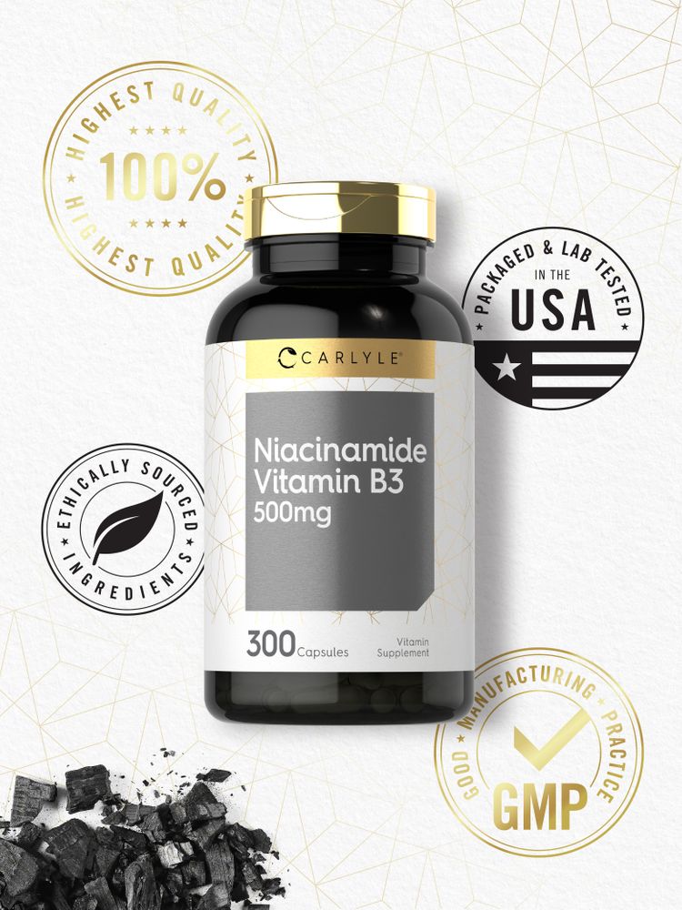 Bulk scale of 300 Niacinamide 500 mg capsules with hand for size reference.