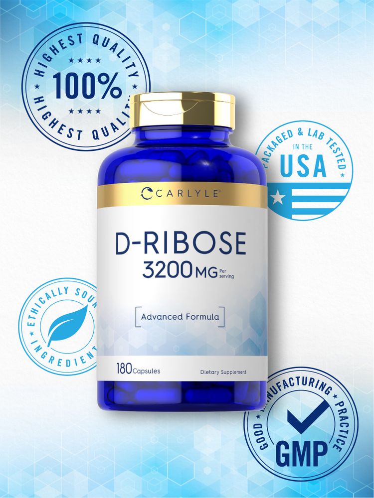 Bottle of D-Ribose dietary supplement with 3200 mg per serving, containing 180 capsules.