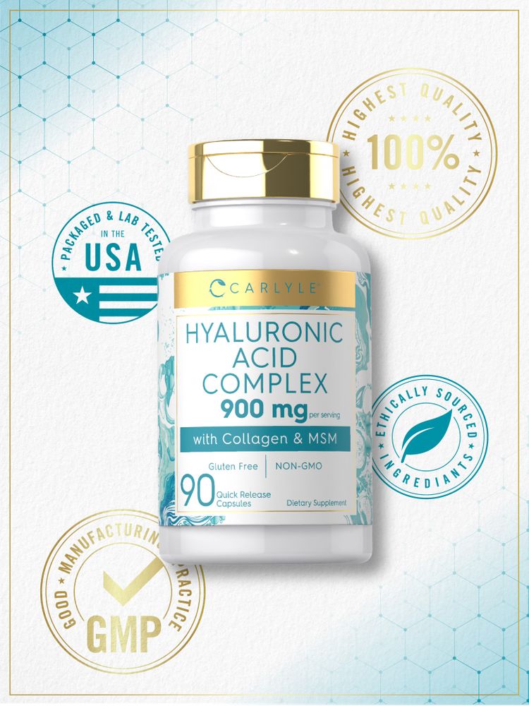 Carlyle Hyaluronic Acid Complex contains 90 quick release capsules, shown on a hand for scale.