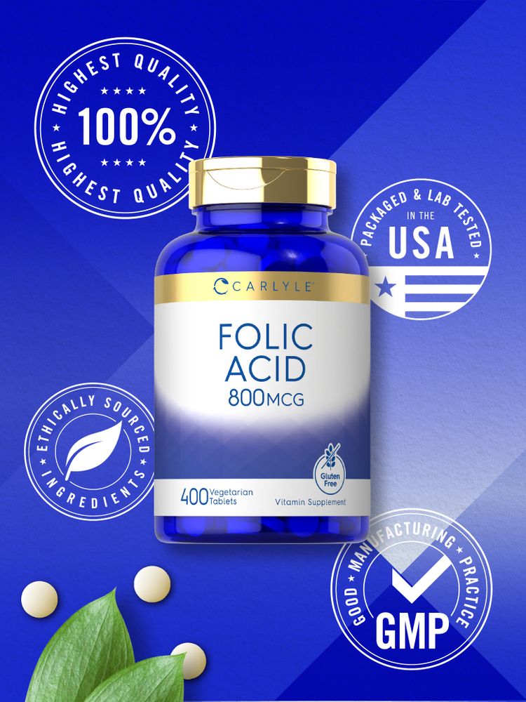 A bulk display of white, round Folic Acid 800 mcg Vegetarian Tablets on a hand-scale.