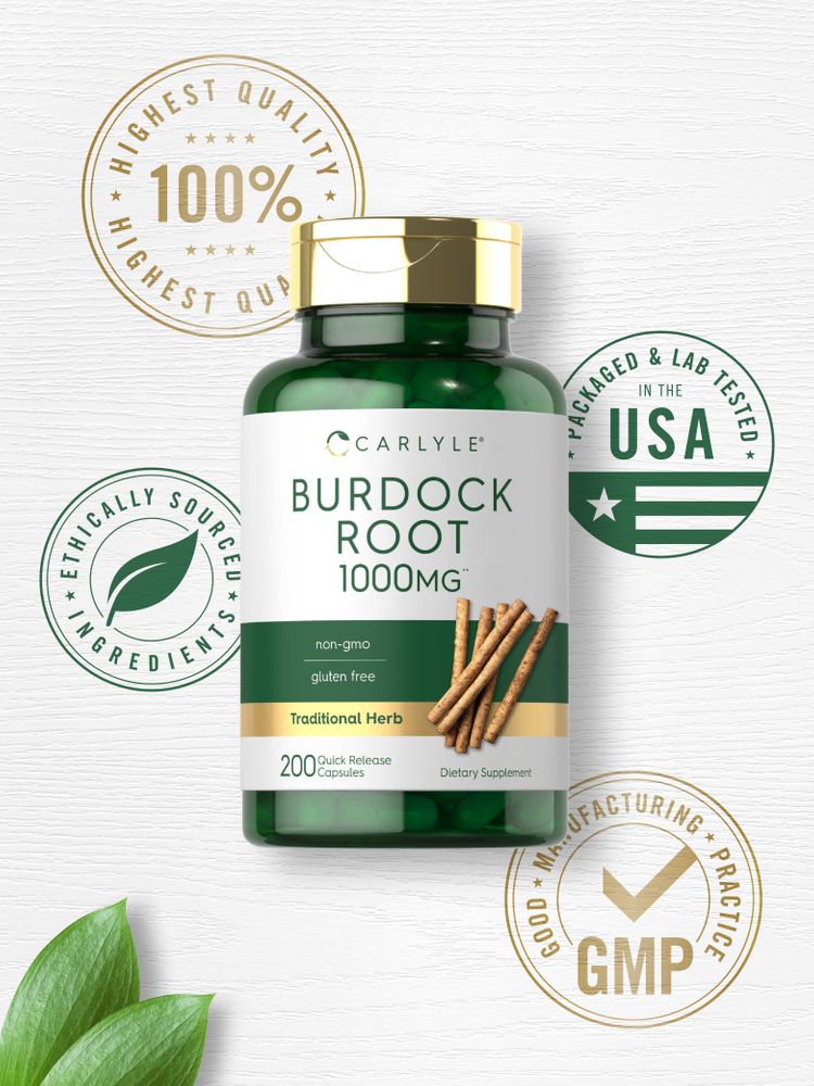 Image of Burdock Root 1000 mg capsules, 200 count bottle, resting on a hand for size comparison.