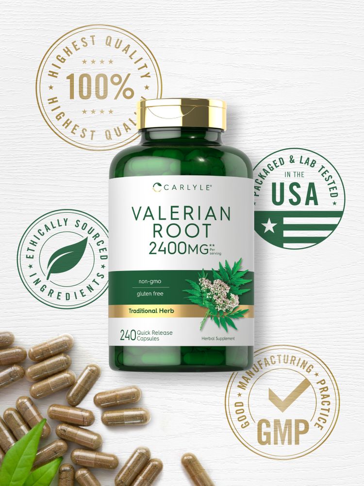 Scattered Valerian Root 2400MG Quick Release Capsules on a white background.