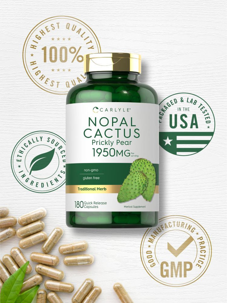 Hand holding Prickly Pear 1950 mg Quick Release Capsules, displaying product size and packaging.