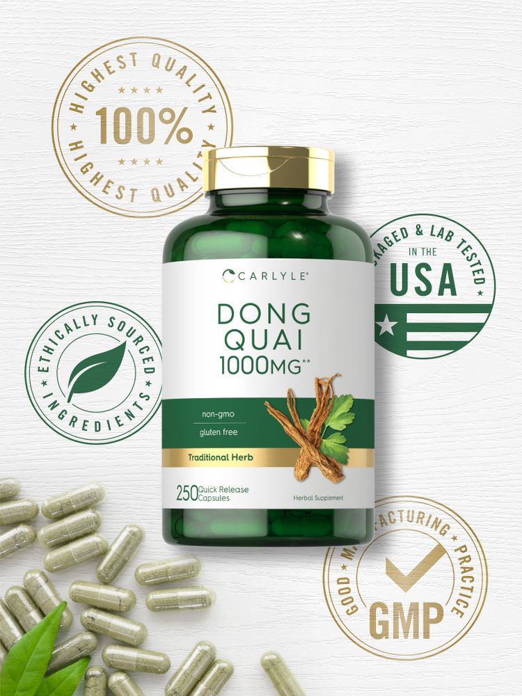 Carlyle Dong Quai 1000 mg, 250 light green quick-release capsules scattered beside their bottle.