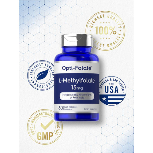 View 5 Hand holds L-Methylfolate 15 mg Quick Release Capsules bottle, showing 60 count.