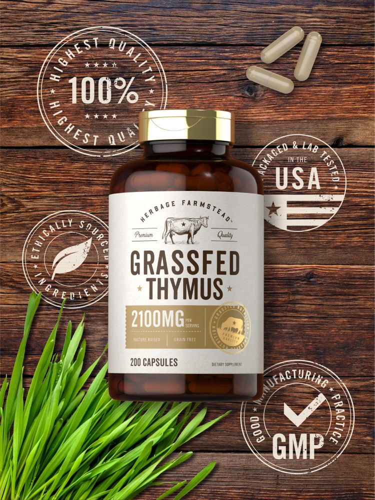 Three beige capsules of Grassfed Thymus 2100 mg supplement from a bottle of 200 capsules, displayed with hand for scale.