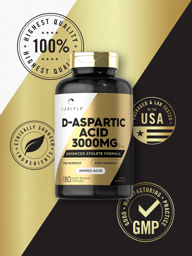 The image shows a hand holding a bottle of D-Aspartic Acid 3000 mg quick-release capsules, containing 180 capsules.