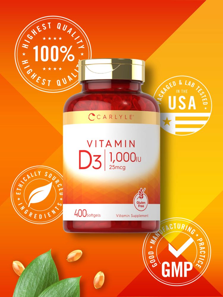 A hand holds several small, oval, orange Vitamin D3 1,000 IU softgels.