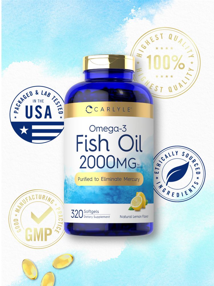 A hand holding golden yellow Fish Oil 2000 mg softgels.