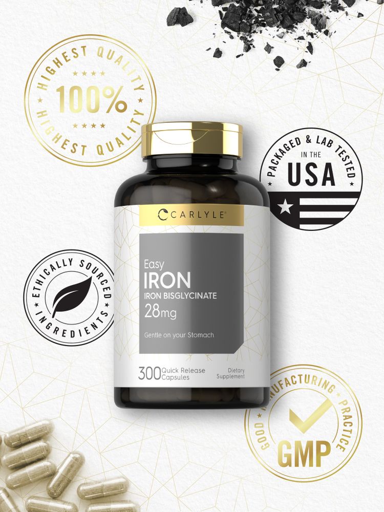 Carlyle Easy Iron Bisglycinate 28mg in 300 quick release capsules, shown on a hand scale for size comparison.