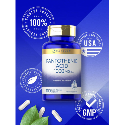 View 5 Carlyle Pantothenic Acid 1000 mg Quick Release Capsules placed on green leaves.