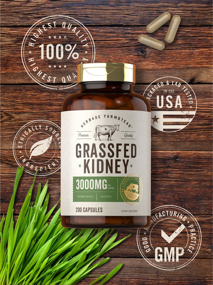 Three Grass-Fed Kidney capsules providing a 3000mg dosage per serving, shown on a bulk scale.