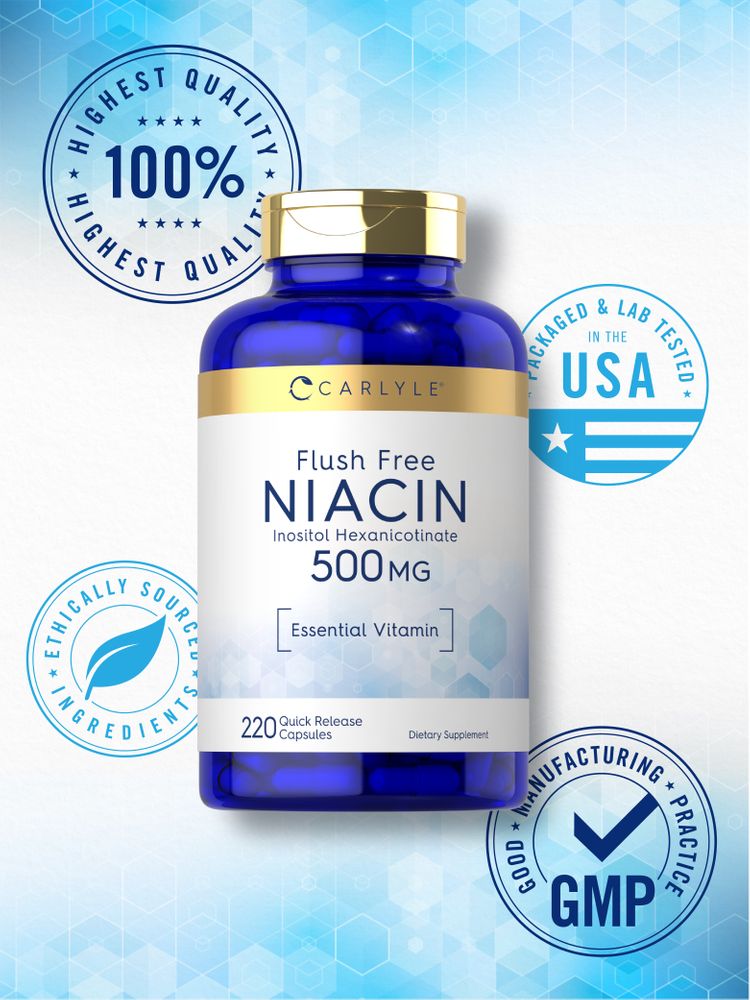 Hand holding a bottle of Flush Free Niacin 500 mg, containing 220 quick release capsules, displayed on a scale.