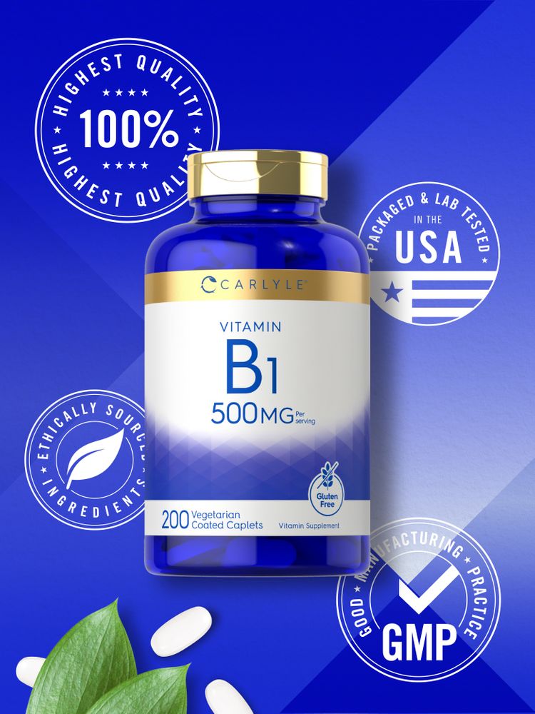 Hand holding Carlyle Vitamin B1 500mg bottle with white vegetarian caplets, 200 count.