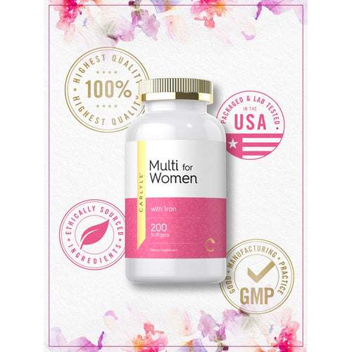 View 5 Hand holding a Carlyle Multi for Women bottle with 200 softgels, containing iron, presented in bulk scale.