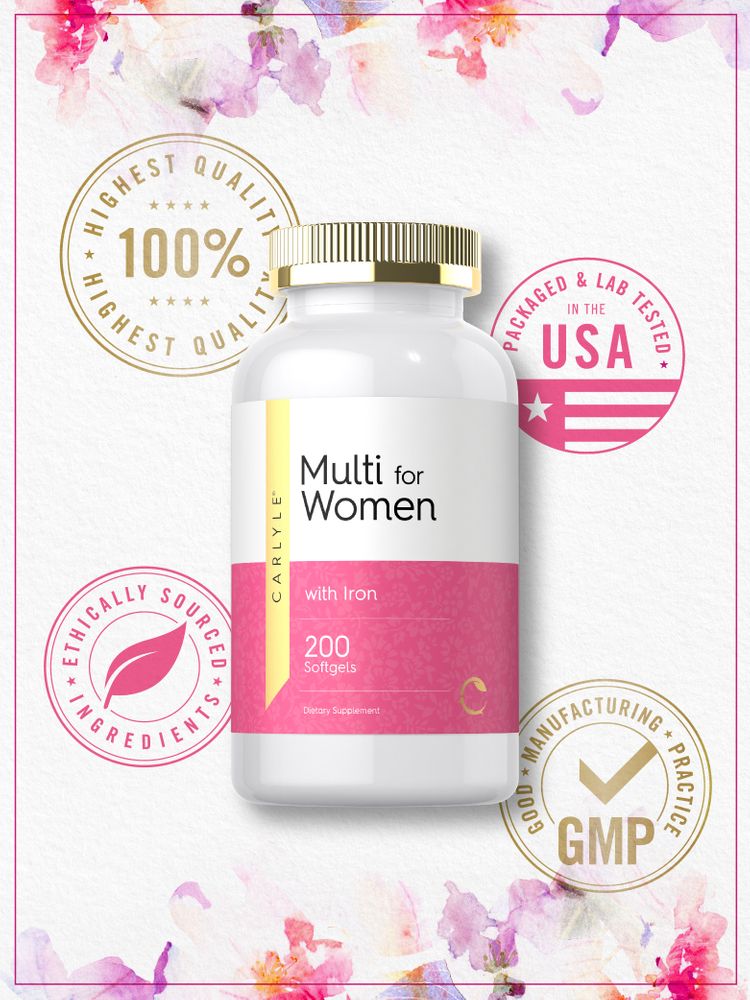 Hand holding a Carlyle Multi for Women bottle with 200 softgels, containing iron, presented in bulk scale.