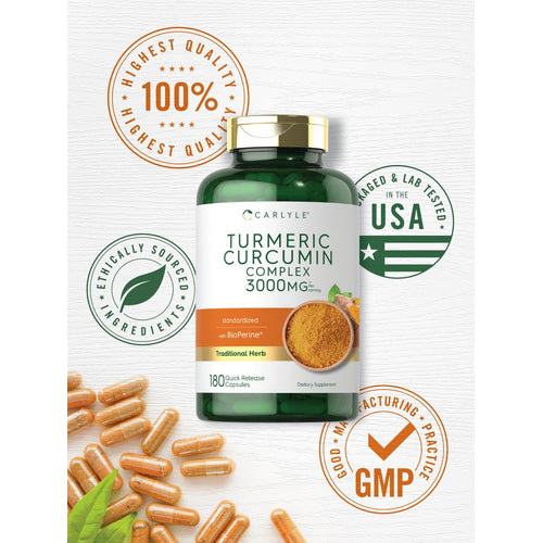 View 5 A hand holding many Turmeric Curcumin Complex 3000mg Quick Release Capsules.