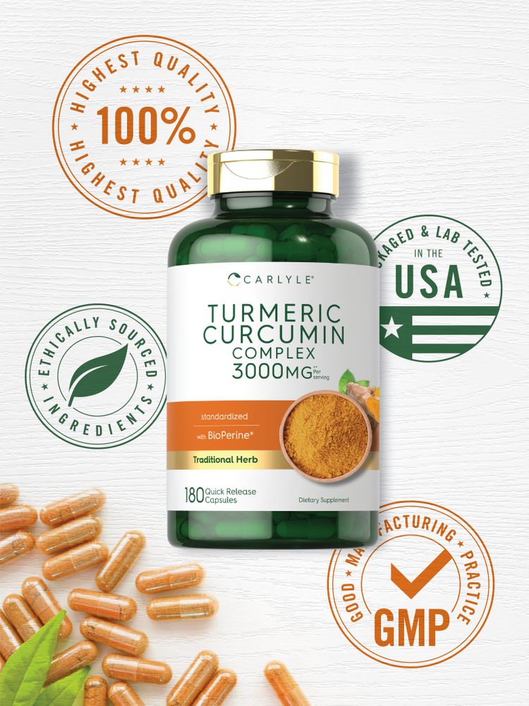 A hand holding many Turmeric Curcumin Complex 3000mg Quick Release Capsules.
