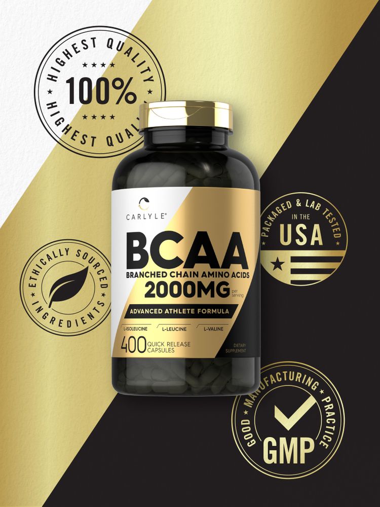 A bottle of Carlyle BCAA 2000 mg with 400 quick release capsules, shown on a hand scale.