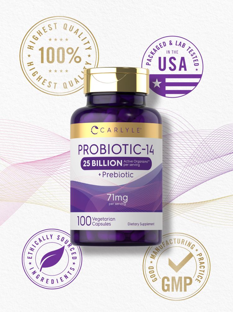 A bottle of 100 vegetarian capsules containing Probiotic-14 with 25 billion active organisms and 71mg per serving.