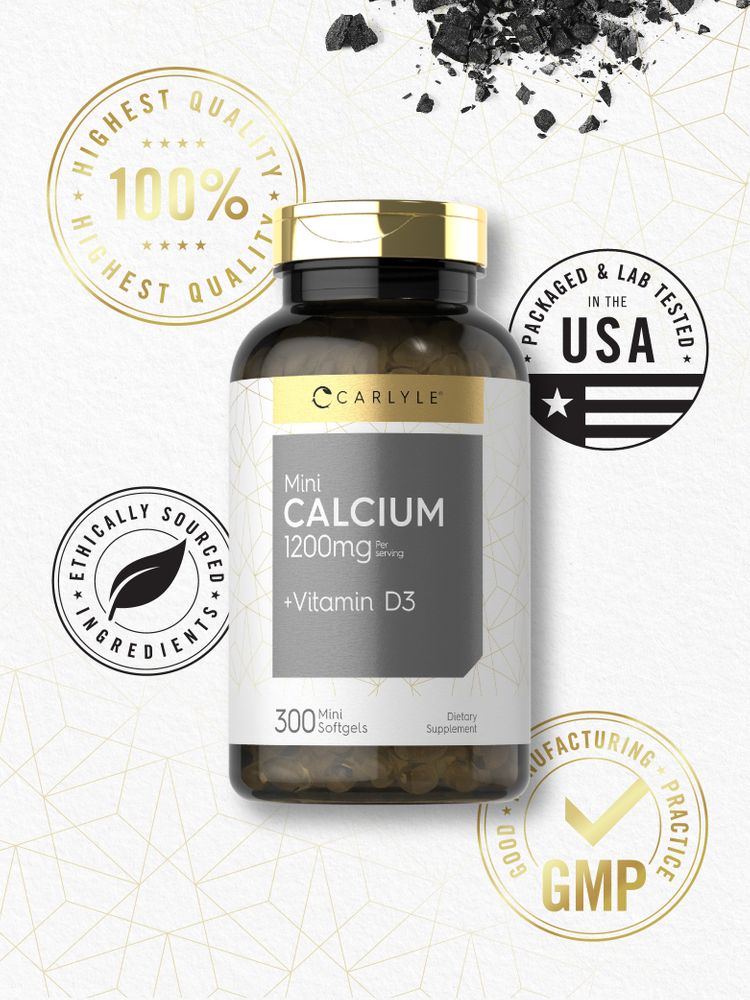 A hand holding a bottle of Carlyle Mini Calcium 1200mg with Vitamin D3, containing 300 mini softgels suitable for supplementation.