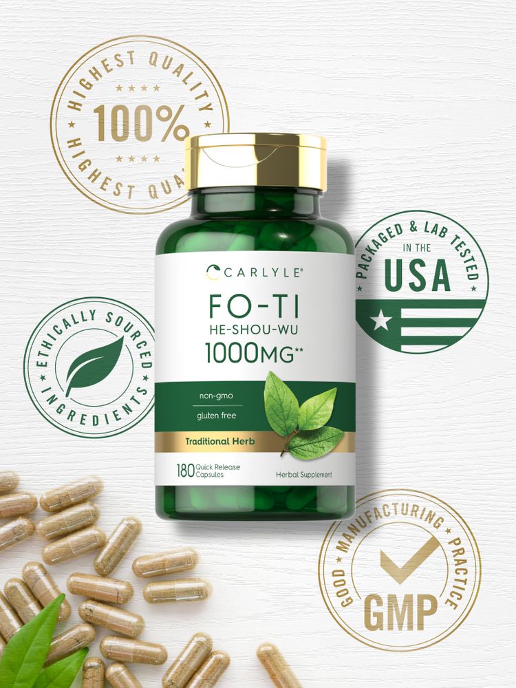 A pile of brown Fo-Ti 1000 mg Quick Release Capsules on a hand scale, indicating the quantity and form of the supplement.