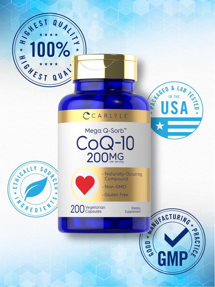 Carlyle CoQ-10 200MG per serving, 200 Vegetarian Capsules shown on a bulk scale.