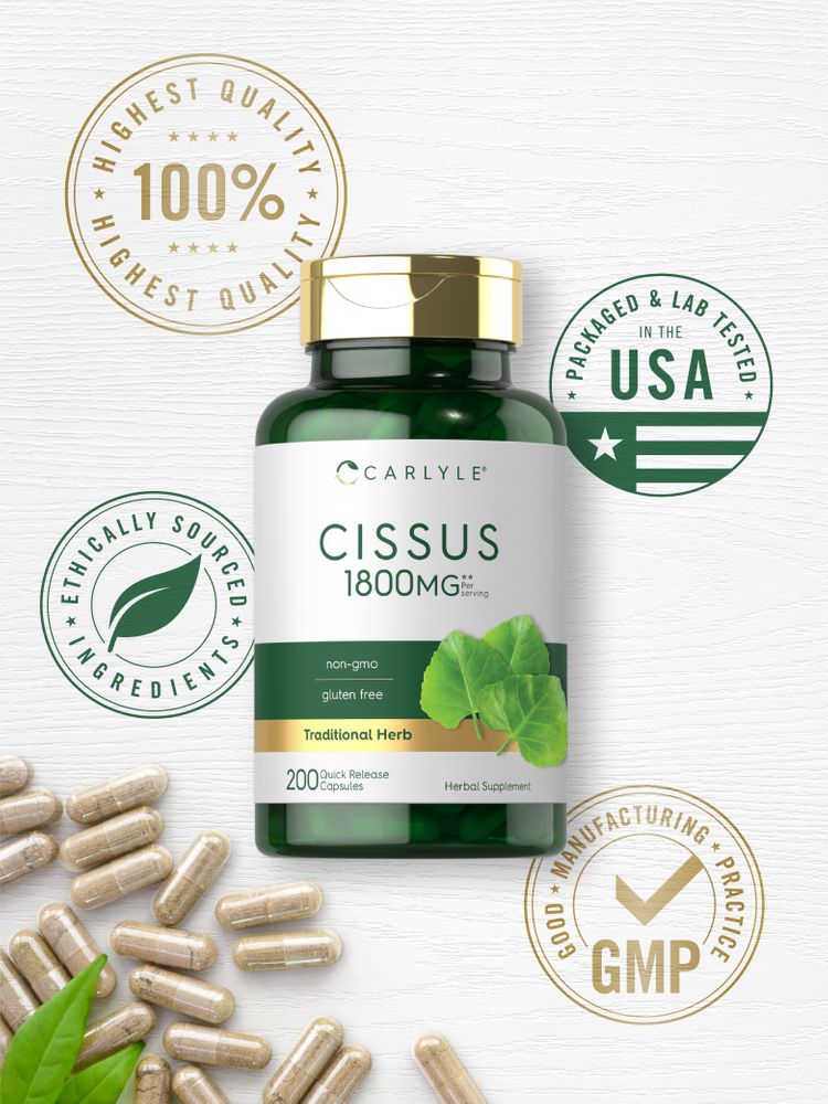 Hand holding numerous Carlyle Cissus 1800 mg quick release capsules in bulk form.
