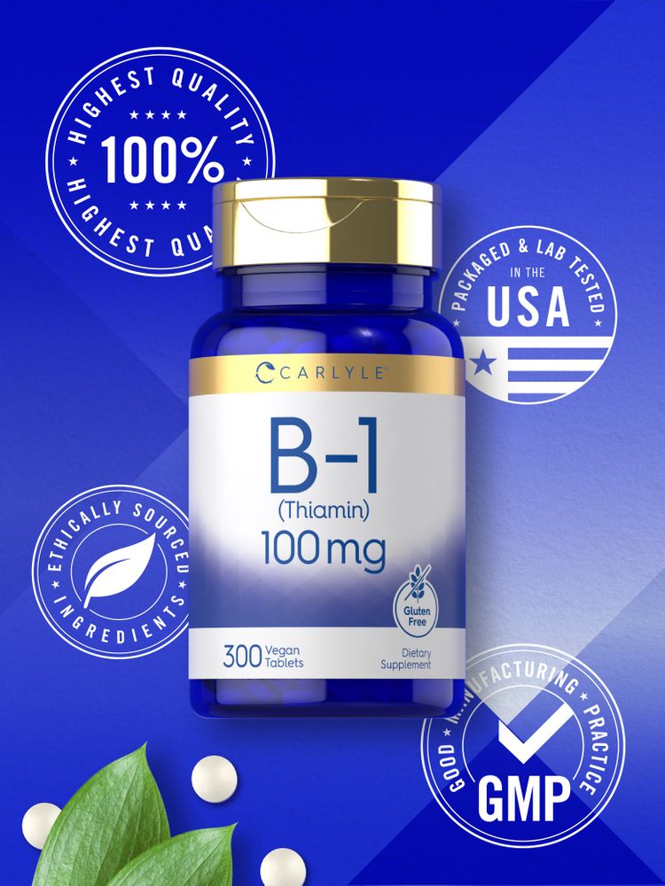Round, white B-1 (Thiamin) tablets, each 100 mg, in a bulk pack of 300 count shown on a hand scale.