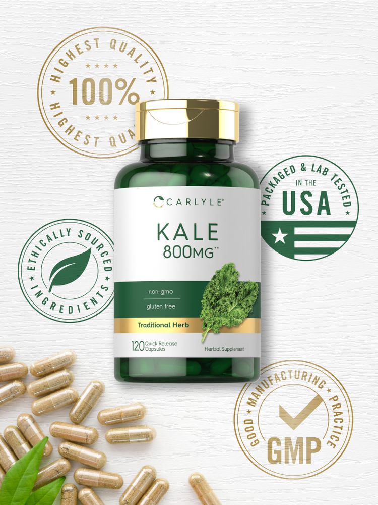 Quick Release Kale 800 mg capsules scattered among fresh green kale leaves.