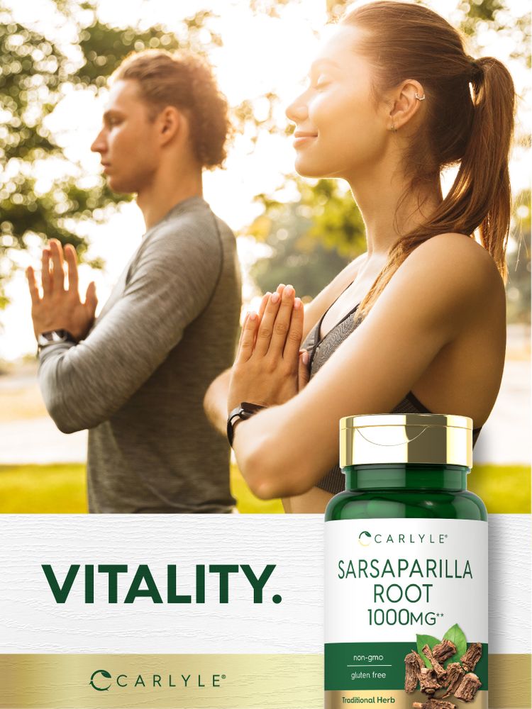 Young adults meditate outside with a Carlyle Sarsaparilla Root bottle, featuring the word 'VITALITY.' nearby.