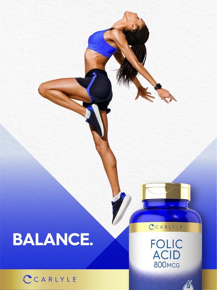 A young adult woman jumps in athletic wear next to a Carlyle Folic Acid bottle.