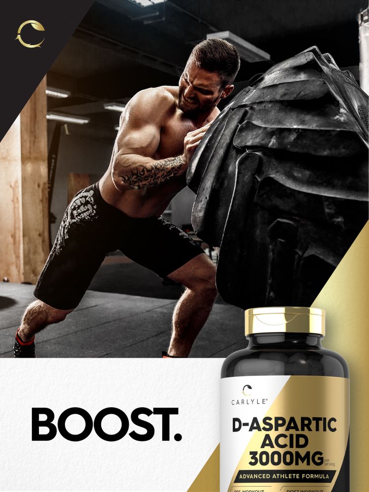 Adult man intensely pushing a large tire in a gym with a D-Aspartic Acid bottle nearby.