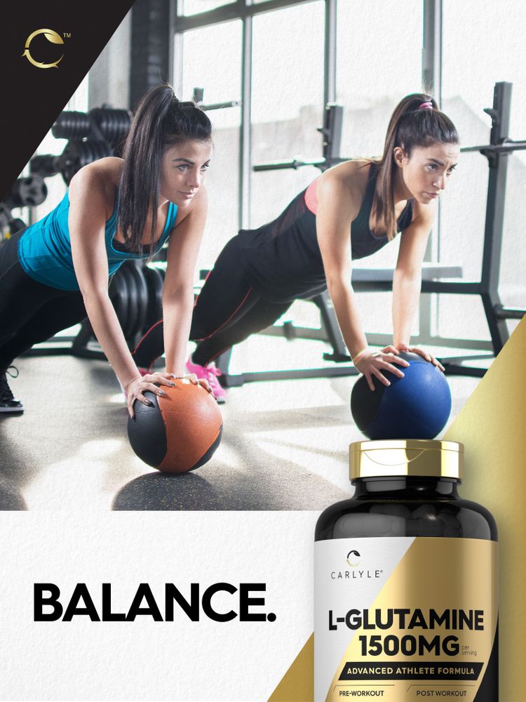 Two young women do push-ups with medicine balls in a gym beside a Carlyle L-Glutamine 1500mg bottle.