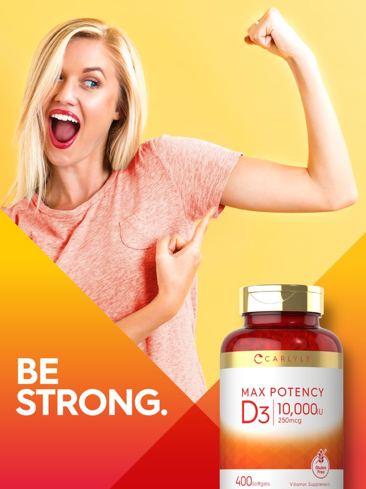 Carlyle Max Potency D3 10,000 IU (250mcg) in a bottle with 400 softgels as a vitamin supplement.