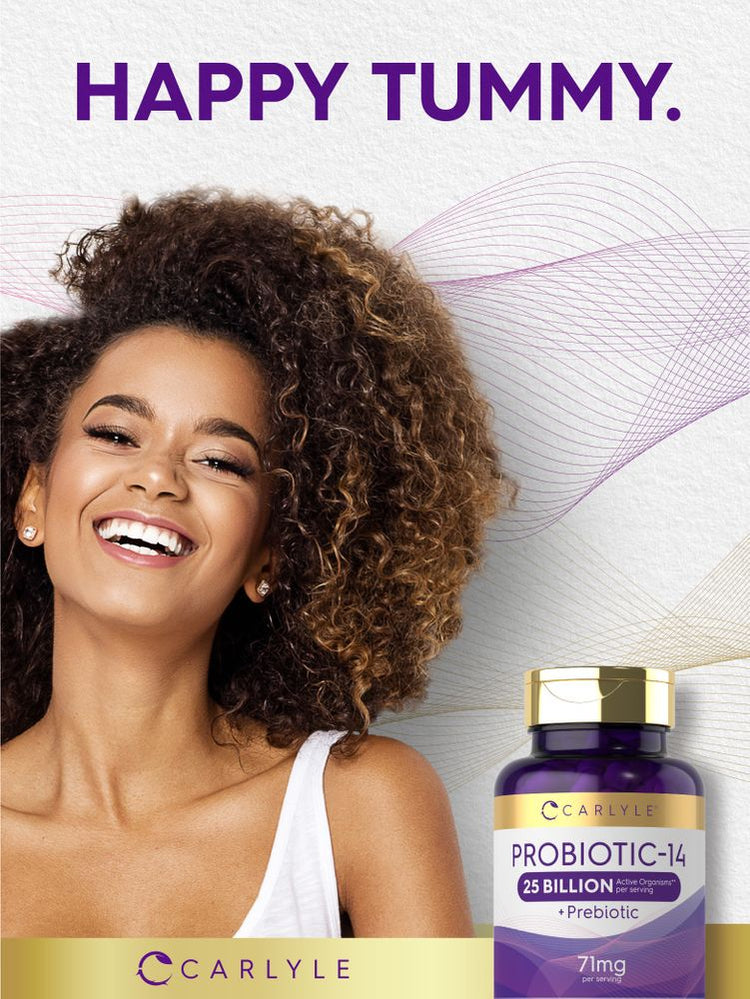A young woman smiling while holding a bottle of Carlyle Probiotic-14.