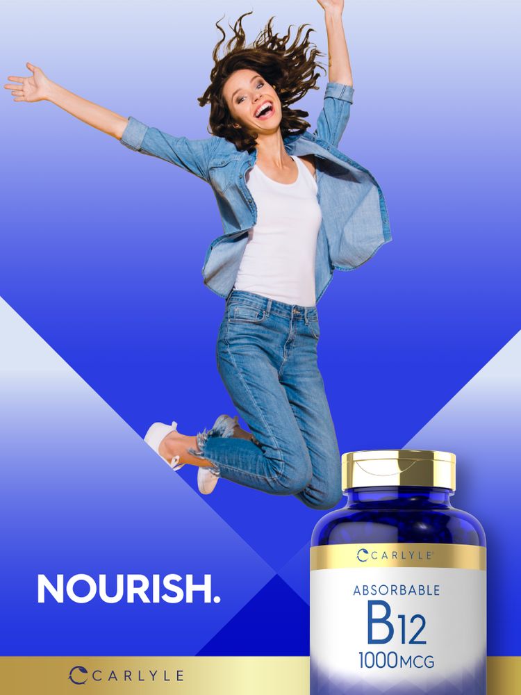 A young woman jumps with arms raised and smiles next to a Carlyle B-12 1000 mcg bottle.