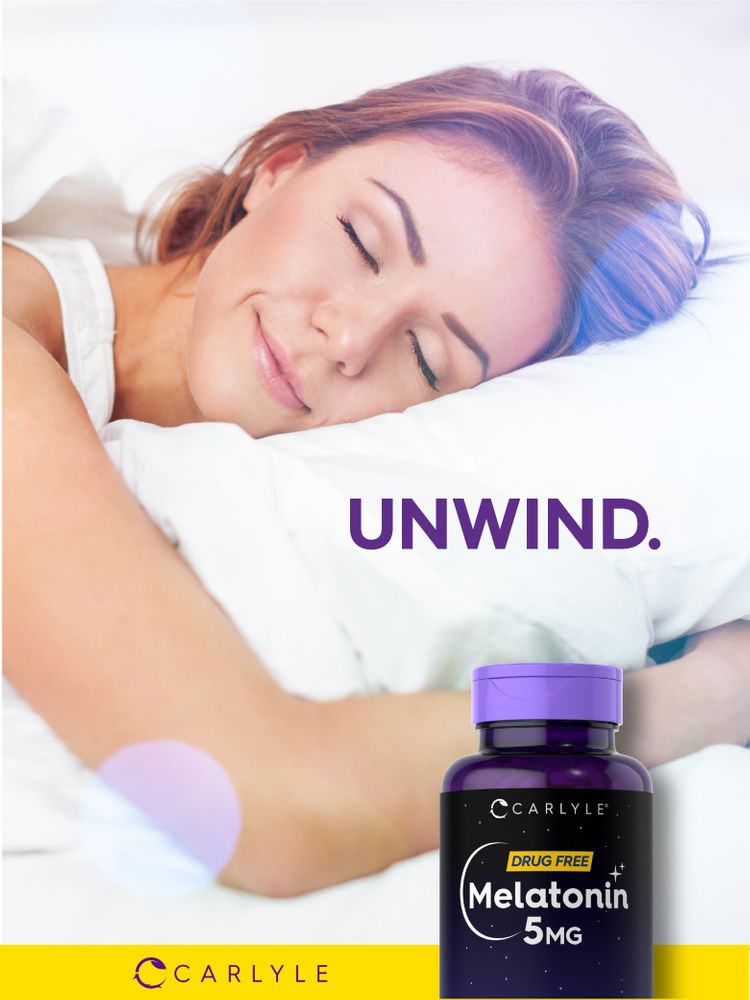 A young woman sleeps peacefully next to a bottle of Carlyle Melatonin 5mg. Text reads: UNWIND.