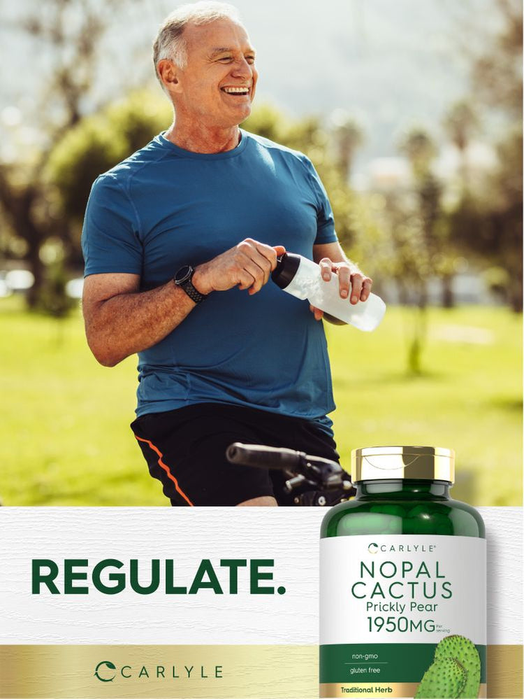 Smiling older man on a bicycle holds a water bottle and Carlyle Nopal Cactus Prickly Pear bottle.
