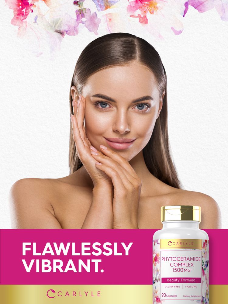 Carlyle Phytoceramide Complex 1500mg bottle with 90 capsules shown on a scale for size comparison.